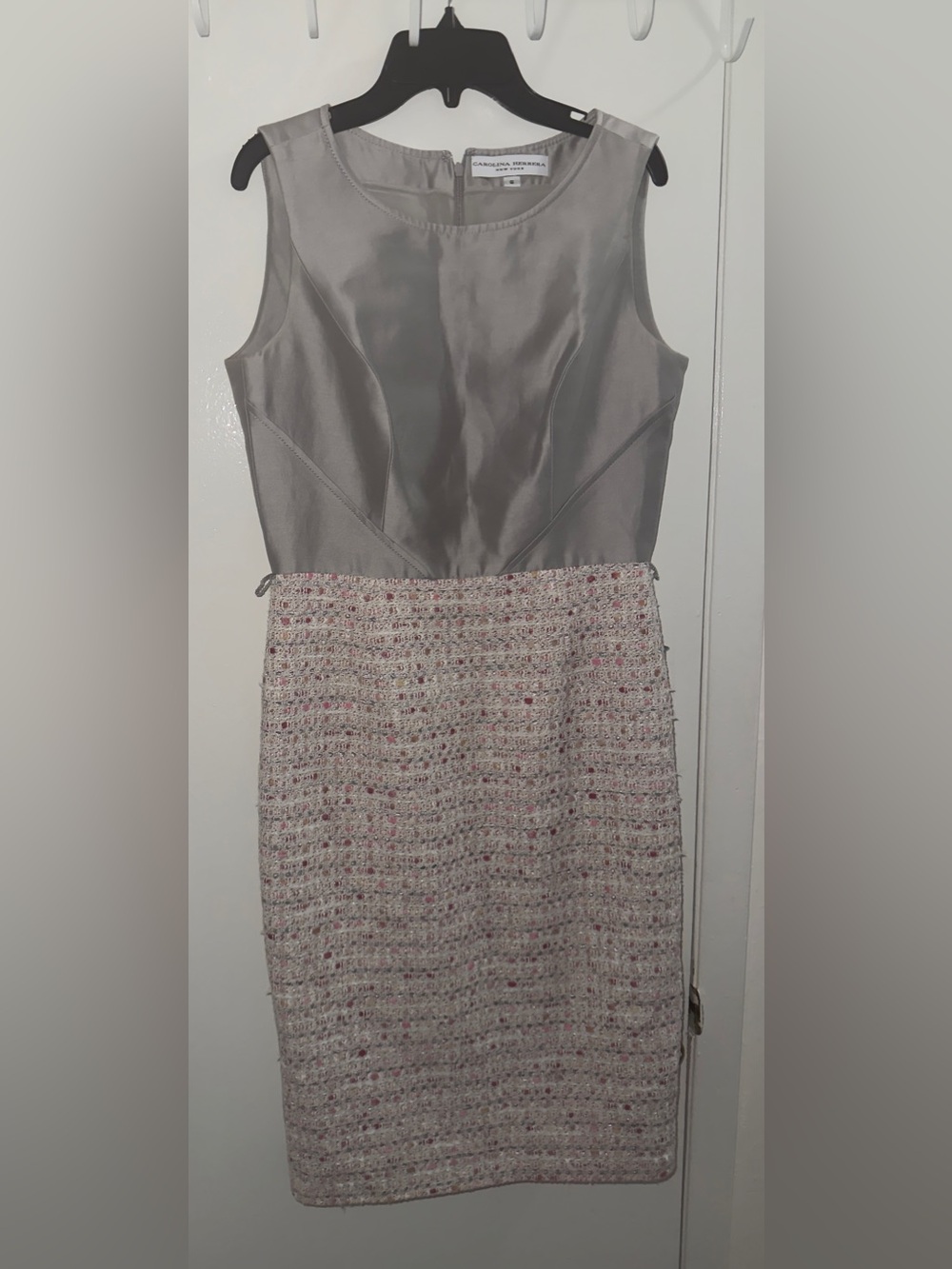 Carolina Herrera Silver Satin Bodice with Cream Tweed Midi Dress